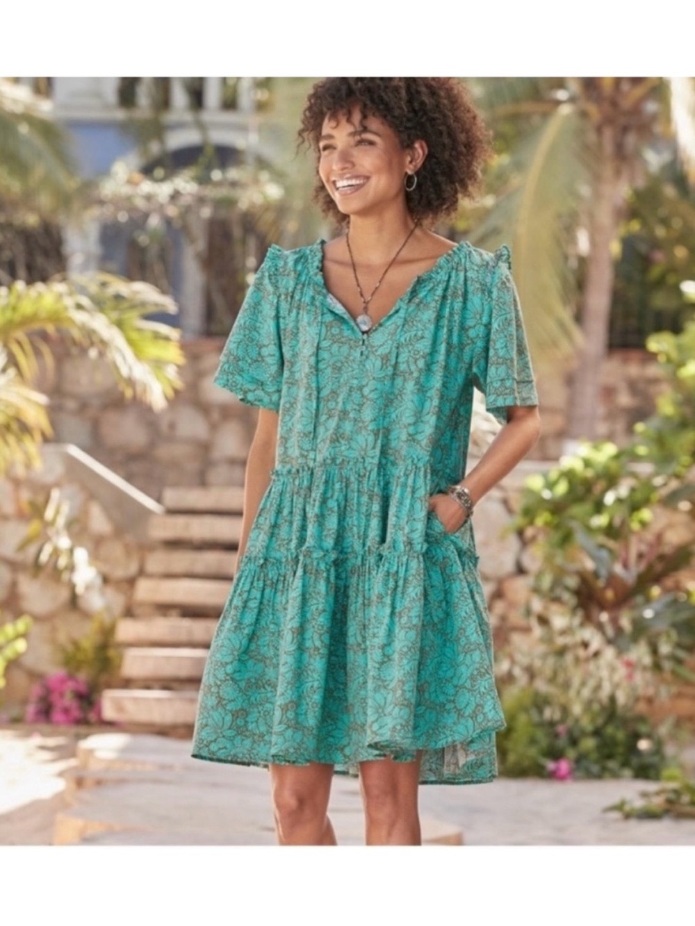SUNDANCE Liora Poplin Popover Ruffle Tiered Dress Pockets Boho Floral Vacation
